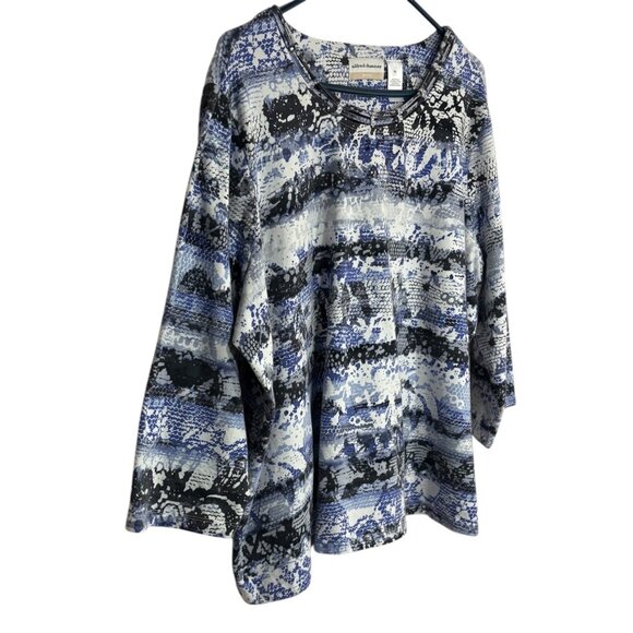 Alfred Dunner Womens 3X Blue Black Abstract 3/4 Sleeve Top With Rhinestone Trim - Picture 3 of 7